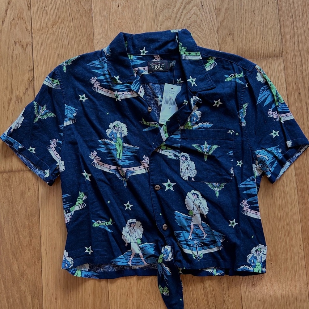 NWT RRL Ralph Lauren Tie-Front Shirt with Aviation Print | Women’s 4